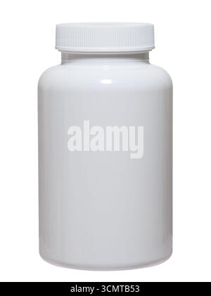 White plastic jar with ribbed lid, isolated background, close up Stock Photo