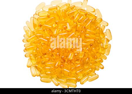 Oil filled capsules (softgel) of food supplements: fish oil, omega 3, omega 6, omega 9, vitamin A, vitamin D3, vitamin E, evening primrose oil, borage Stock Photo