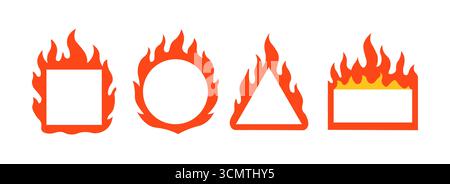 Fire flame, fireball campfire heat isolated icons set. Burning flame warning abstract design orange red background Stock Vector