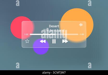 Glass music audio player ui. Media transparent music player design digital interface. Stock Vector