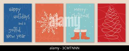 Minimal Christmas greeting card set with festive poster templates in modern holiday style Stock Vector