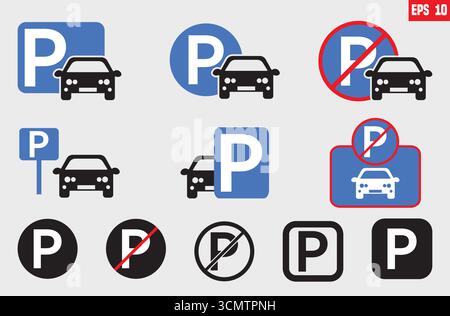 Vector sets of parking bays and no parking sign board guidance. Letter P parking symbol sign for car, vehicle, motorbike, bicycle, scooter and truck. Stock Vector