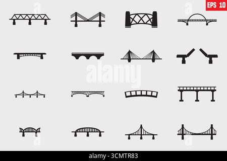 Bridge black silhouettes. Urban industrial architecture constructions, city design elements. Different bridges for town and village, nowadays vector Stock Vector