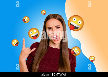 Collage of person surrounded by floating emoji icons expressing fun and different emotions happy joy angry oops lol Stock Photo