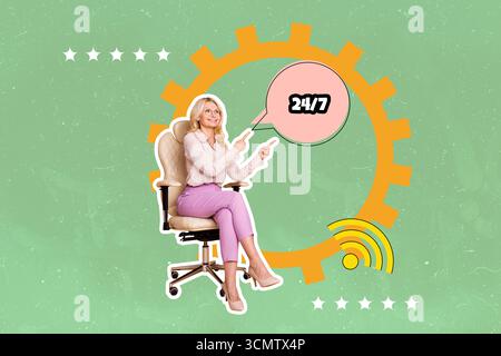 Template sketch image composite collage of marketing strategy technology work occupation aged woman sit armchair chat customer support Stock Photo