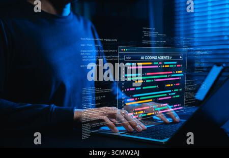AI coding agents for software development concept. Programmer use laptop with code and AI assistant represent artificial intelligence, AI programming, Stock Photo