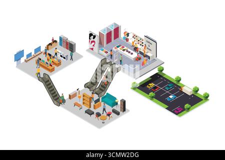 A vector illustration of Isometric of the Interior of a Shopping Mall Stock Vector
