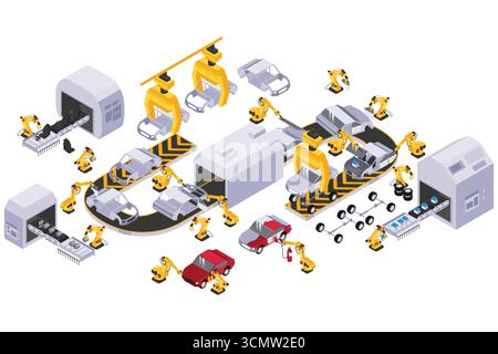 A vector illustratrion of Isometric of Automobile Car Manufacturing Stock Vector