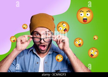 Collage of person surrounded by floating emoji icons expressing fun and different emotions happy joy angry oops lol Stock Photo