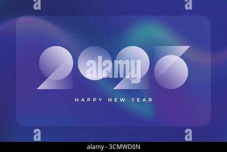 2026 Happy New Year Desktop Wallpaper Design. Dark Blue Color Morph Background Gradient with Circle Shape Glass Effect Frame Title Text. Poster Stock Vector