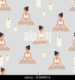 Seamless pattern with woman meditating in lotus position and candles Stock Vector