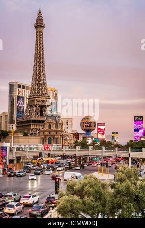 March 6, 2023, Las Vegas, NV: View of the Eiffel Tower scale replica and Las Vegas Boulevard at Paris Hotel and Casino in Las Vegas, Nevada Stock Photo