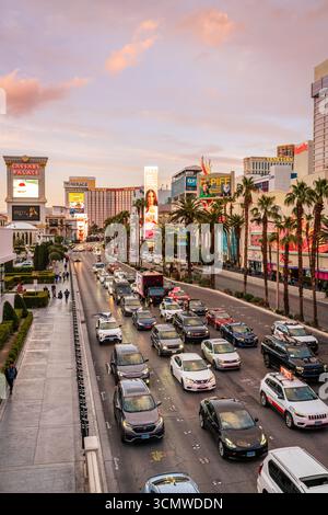March 6, 2023, Las Vegas, NV: Evening traffic on Las Vegas Boulevard in Las Vegas, Nevada Stock Photo