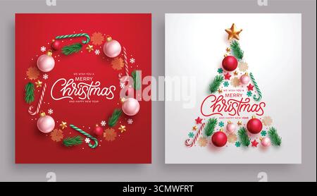 Merry Christmas greeting card clipart poster set. Christmas card and Christmas wishes clip art with round and pine tree shape of colorful ornament Stock Vector
