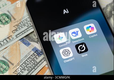 New York, USA - September 12, 2025: Ai mobile apps on smartphone screen close up view Stock Photo