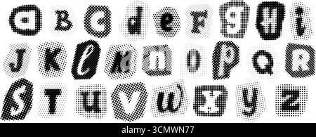Black halftone alphabet. Retro pixelated different letters design. Comic pop art cut out font. Old newspapers typography set. Grunge textured dotted abc. Rasterized bitmap English alphabet. Vector Stock Vector