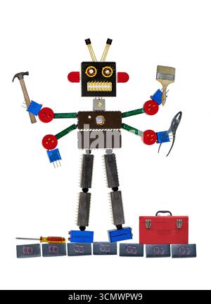 electronic components in the shape of a handyman robot, isolated on white lbackground. Stock Photo