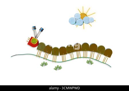 Electronic components in the shape of a caterpillar on a white background. Stock Photo