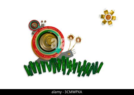 Electronic components in the shape of a snail. White background. Stock Photo