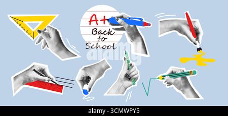 Multiple hands holding various school supplies with artistic flair. Each hand portrays a different tool like pens and rulers against a light blue back Stock Vector