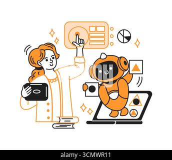Illustration of a woman and a cute robot interacting joyfully with digital elements. Bright orange and black colors. Depicts teamwork and educational Stock Vector