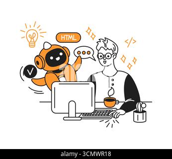Cartoon robot and developer engaging in creative collaboration. The scene has a lively and positive vibe, with coding symbols and ideas flowing agains Stock Vector