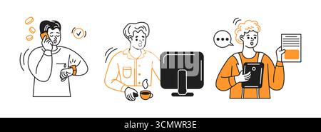 Illustration of business people interacting with tech gadgets. Minimalist orange and black colors. Depicts multitasking, communication, productivity a Stock Vector
