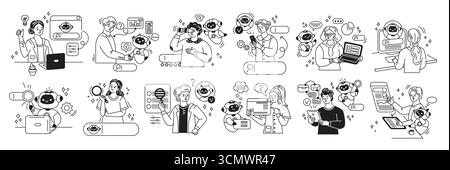 Line art illustrations featuring humans and AI performing various tasks. Black and white style presents a modern theme. Ideal for digital learning and Stock Vector