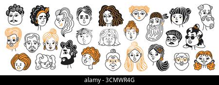 Illustration of various cartoon faces in black and orange with diverse hairstyles and expressions. Includes different accessories and unique features Stock Vector