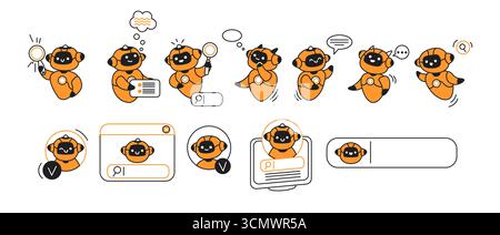 Cartoon artificial intelligence in orange suits with magnifying glasses, playful expressions, interacting in search themed activities against a white Stock Vector