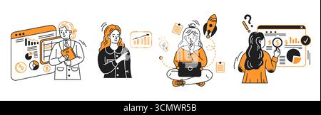 Illustration of professionals analyzing graphs. Engaged workers with laptops. Stylized orange and black icons for business presentations and financial Stock Vector
