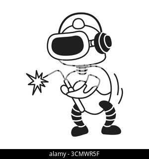 Cartoon robot in playful mood holding a sparkler. Minimalistic black and white design highlights its futuristic yet charming appearance. Perfect for t Stock Vector