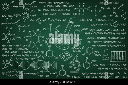 Detailed chalkboard illustration showing diverse chemical formulas and equations. Laboratory tools and molecular structures are depicted in white agai Stock Vector