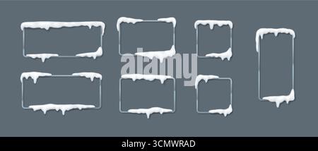 Set of frames covered with realistic snow on a gray background. Perfect for creating winterthemed designs and holiday decorations. White snow contrast Stock Vector