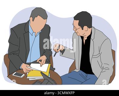 Flat-style vector illustration of two businessmen discussing documents and working together at a meeting table, ideal for concepts of teamwork, strate Stock Vector
