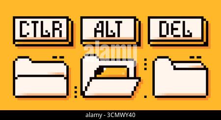 Pixel art game color elements. Ctrl, Alt and Delete buttons, and three types of document folder icons drawn in simple Y2K bit style. Stock Vector