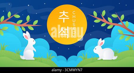 happy chuseok horizontal banner illustration in gradient style Stock Vector