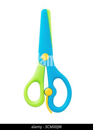 Multicolored plastic scissors safe for children isolated on white background, top view Stock Photo