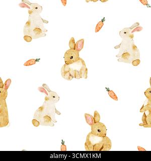 Seamless pattern with cute bunnies and carrots. Watercolor illustration. Hand drawn background for textile, fabric, wrapping, packaging, scrapbooking, Stock Photo
