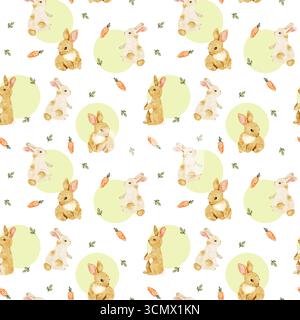 Seamless pattern with adorable bunnies, carrots and dots. Cute bunny. Watercolor background for textile, fabric, wrapping, packaging, scrapbooking, wa Stock Photo