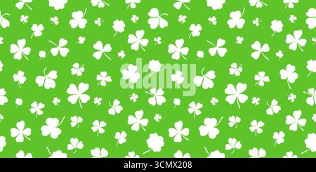 Horizontal green seamless pattern with falling leaves on a white background is a vector illustration of a shamrock or clover leaf. Stock Vector