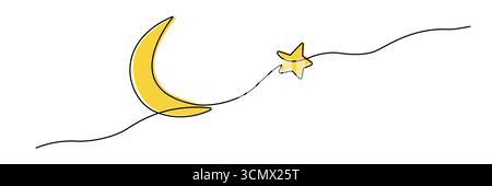Minimalist continuous line crescent moon with star for Eid Ramadan decor Stock Vector