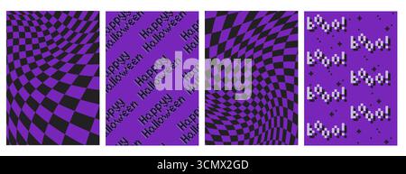 Halloween y2k aesthetic backgrounds with purple and black distorted checkerboard patterns and pixel text phrases. Retro digital designs for spooky season with warped grids and nostalgic computer style Stock Vector
