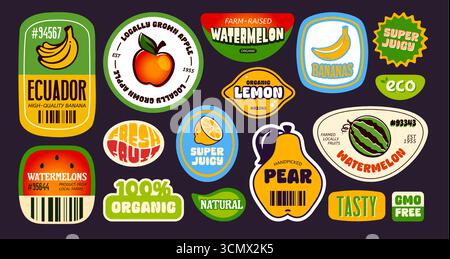 Retro fruit sticker set with vintage labels for banana and apple, watermelon, lemon and pear on dark background. Colorful organic produce badges with barcodes, eco symbols and handpicked text. Stock Vector
