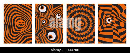 Halloween y2k groovy backgrounds with orange and black psychedelic pattern, trippy eyeball and pumpkin design for retro spooky vibes. Wavy lines, illusions geometric shapes for October party posters. Stock Vector