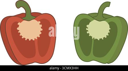 Two bell peppers in red and green shown whole with curved tops and fresh appearance Stock Vector