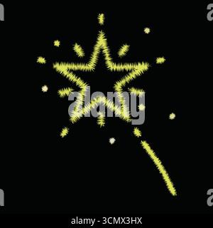 A golden sparkler shaped like a five pointed star emitting glowing lines against a black background Stock Vector