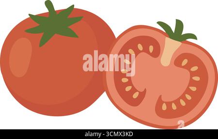 A plump tomato shown whole with another cut in half revealing seeds and flesh Stock Vector