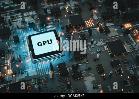 Futuristic GPU on a Motherboard with Glowing Blue Light, 3D Rendering Stock Photo
