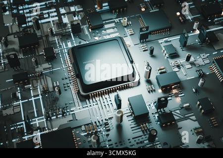 Powerful Processor on a Motherboard, 3D Rendering Stock Photo